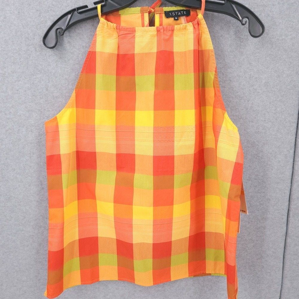 1.State Plaid Sleeveless Halter Tie Back Raspberry Rose Blouse Womens Size M NWT